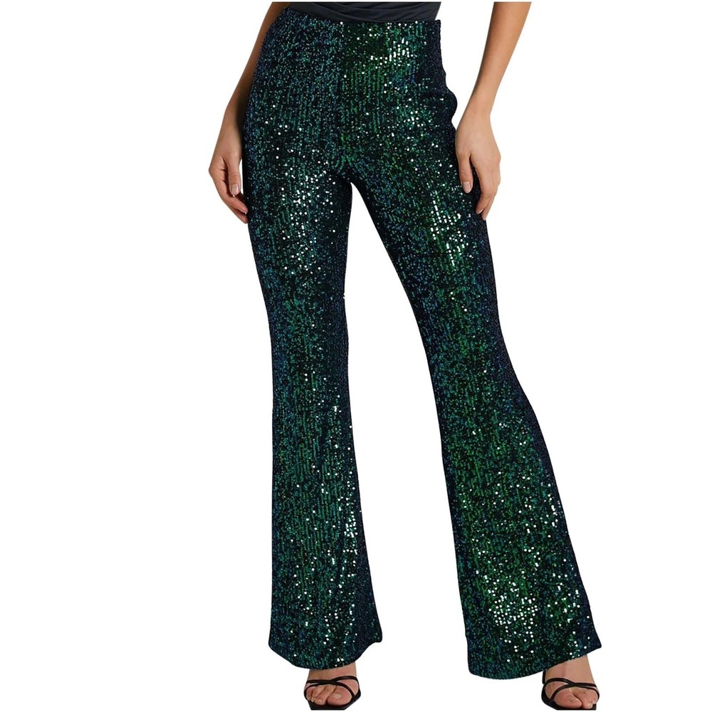 Showpo Deliza Sequin Flare Pants Mermaid Teal Iridescent High Waisted US 2 NEW